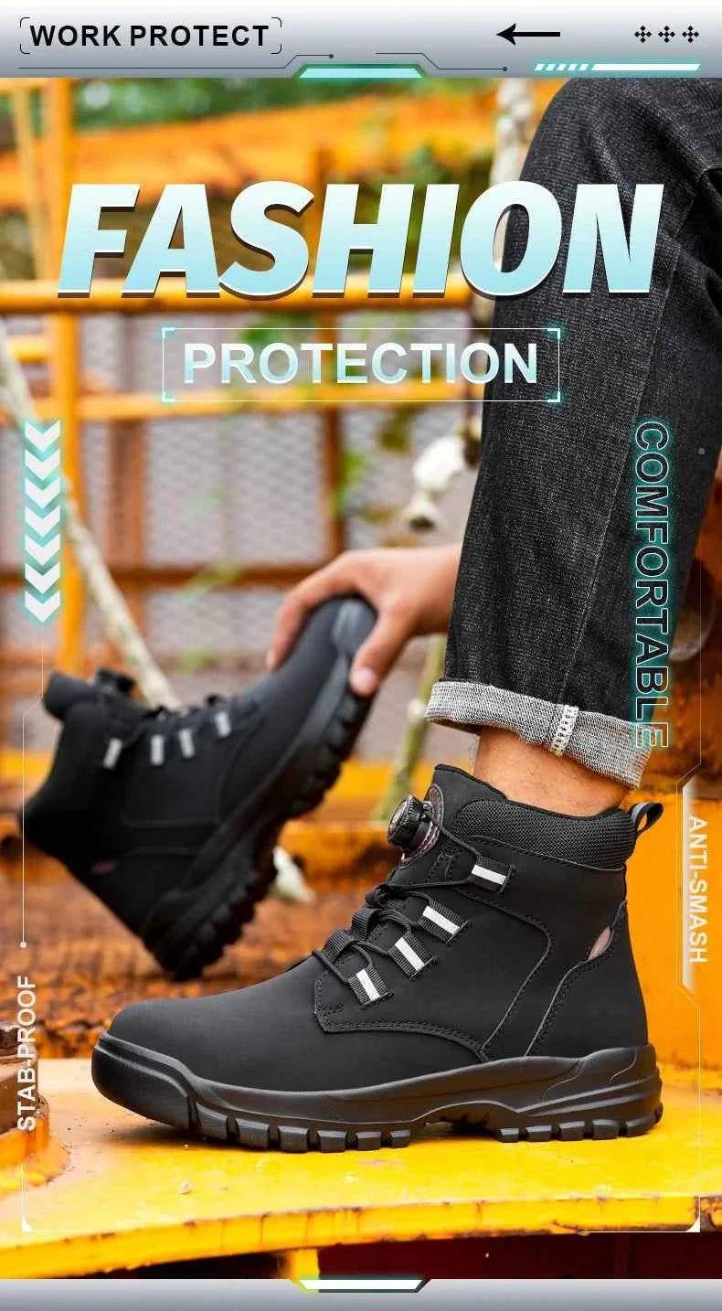 Leather Non Slip Work Boots for Men Rotating Button Safety Shoes Steel Toe Sneaker Male Puncture Proof Protective Boots