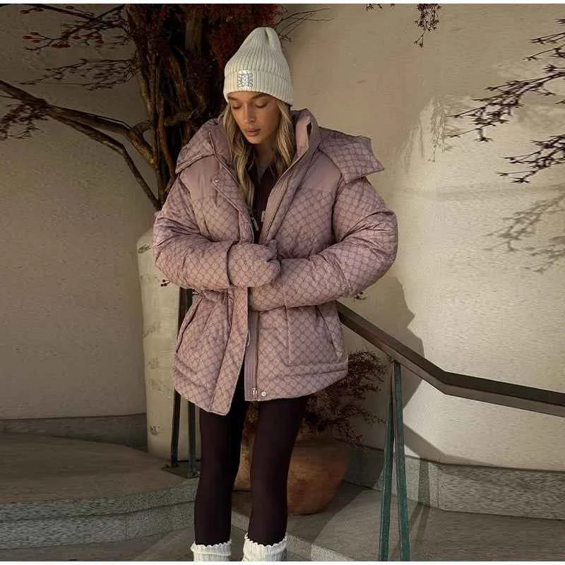 Printed Female Winter Cotton Quilted Jacket Hooded Thicken Zipper Single Breasted Long Sleeve 2025 New Casual Coat Loose Outwear