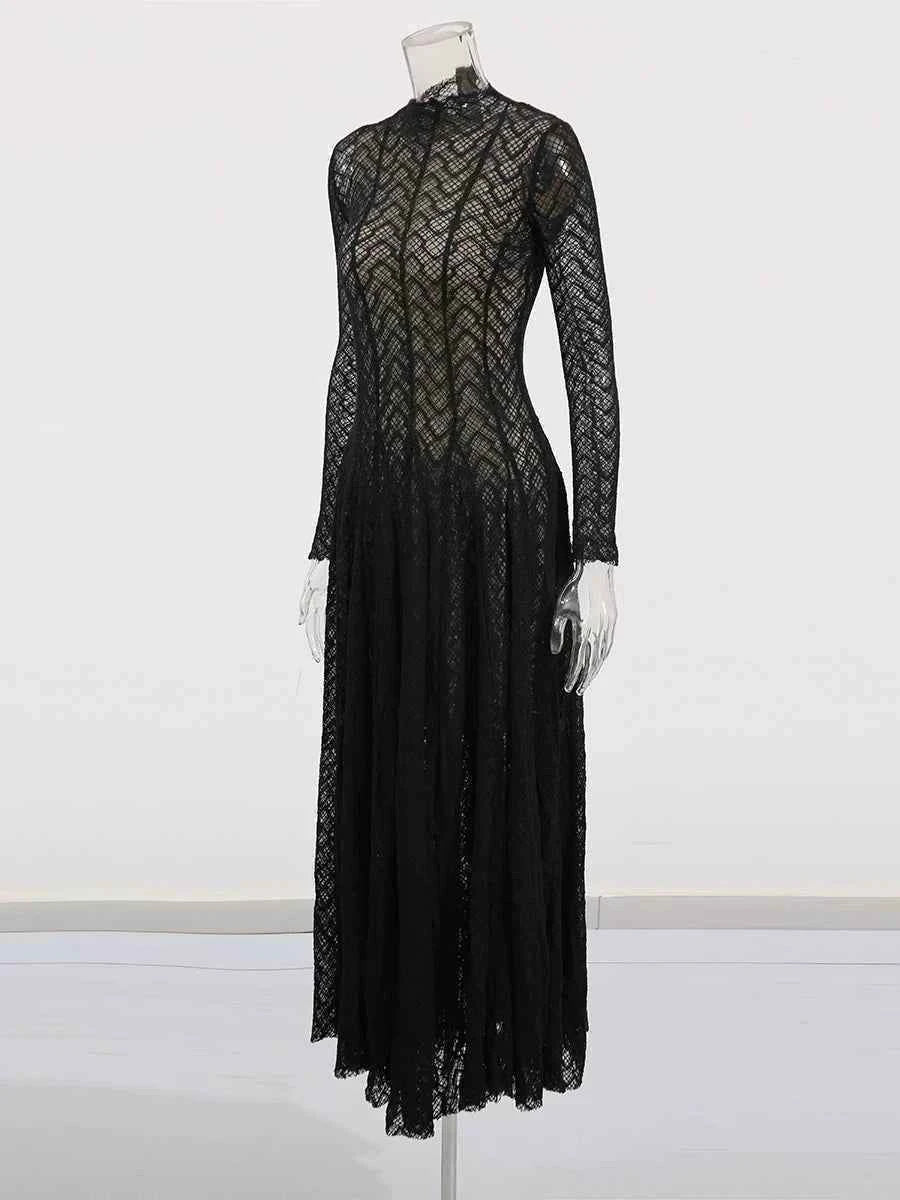 TWOTWINSTYLE Solid Slimming Spliced Ruffles Dresses for Women Round Neck Long Sleeves Patchwork Hollow Out Dress Female Clothing