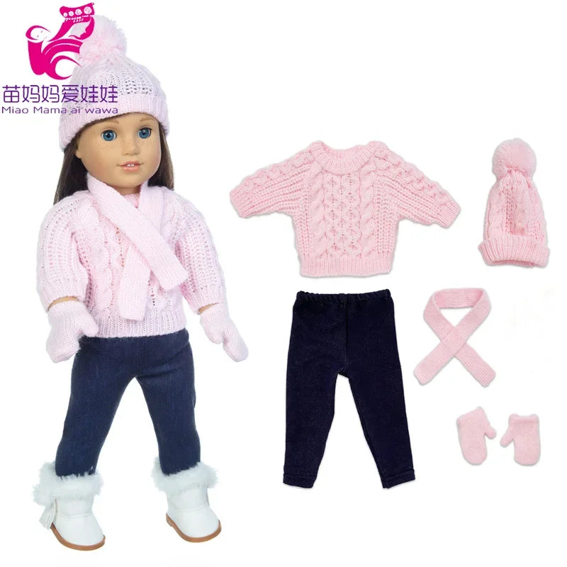 18 Inch Baby Doll Winter Clothes Set Crochet Sweater Scarf Hat Gloves New Year Apparel for 43 Cm Girl Dolls