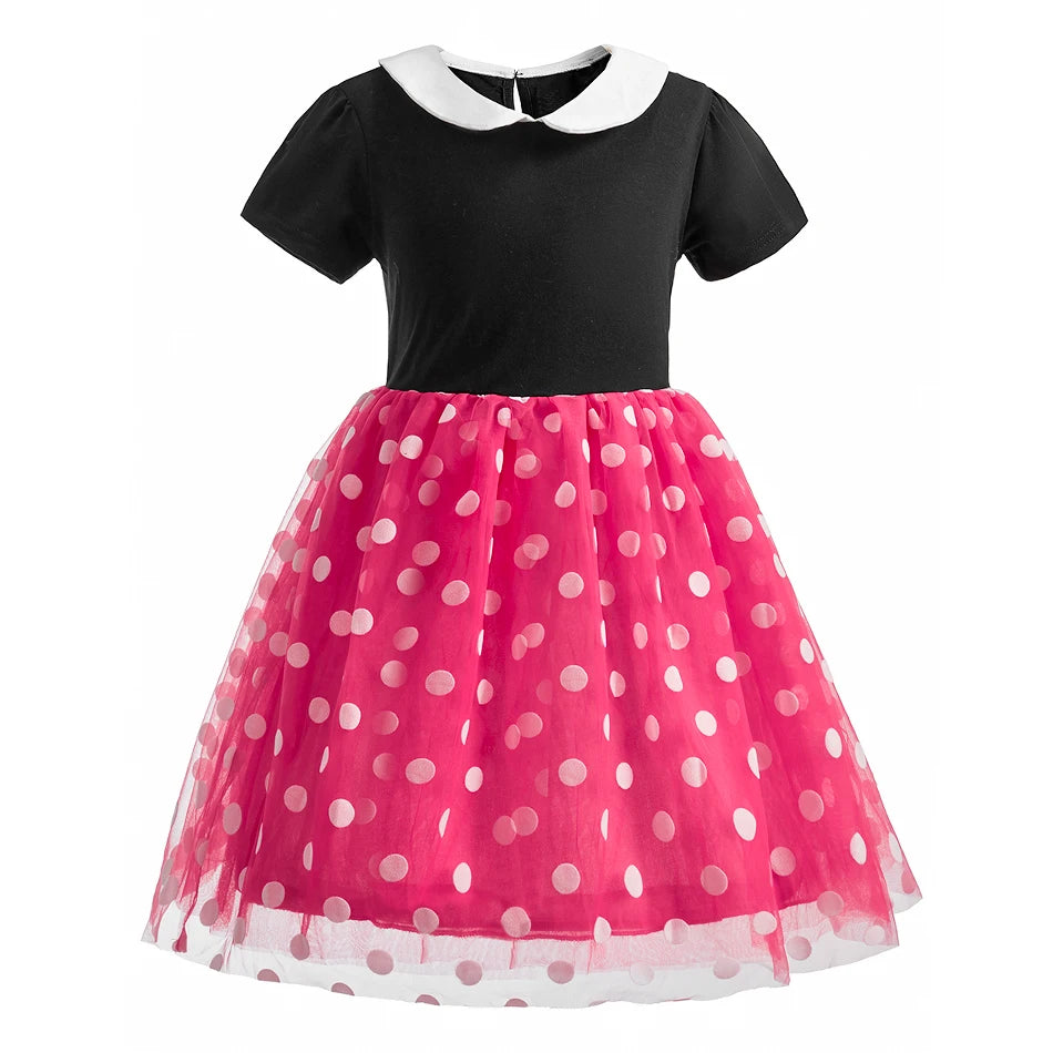 Children Casual Clothes Summer Short Sleeve Dots Girls Dress Kids Peter Pan Collar Cute Birthday Costume with Mouse Ear Headband