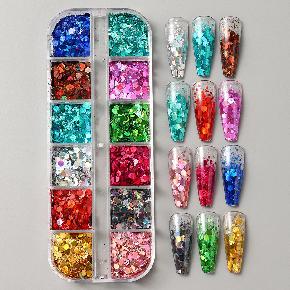 12 Colors Sparkly Holographic Nail Art Glitter Sequins Laser 3D Hexagon Flakes Nail Powder Makeup Nail Art Decorations Manicure
