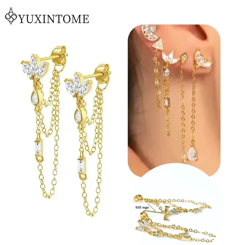 Women's 925 Sterling Silver Ear Needle Crystal Zircon Water Droplets Stud Hoop Gold Huggie Earrings Premium Luxury Party Jewelry