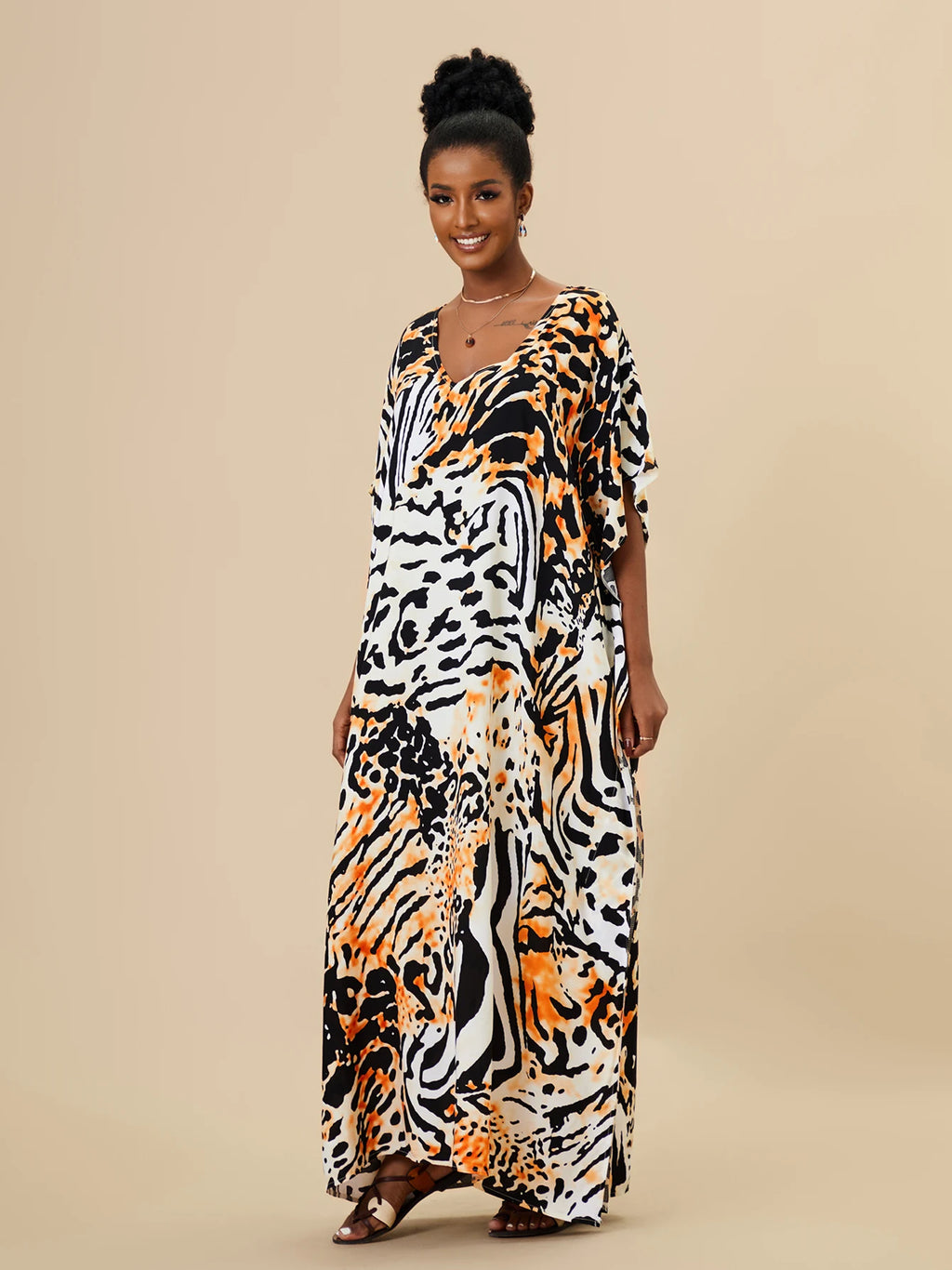 EDOLYNSA 2023 Bohemian Printed Loose Kaftan Casual Summer Vacation Maxi Dress Women Clothing Beach Wear Swim Suit Cover Up Q1469