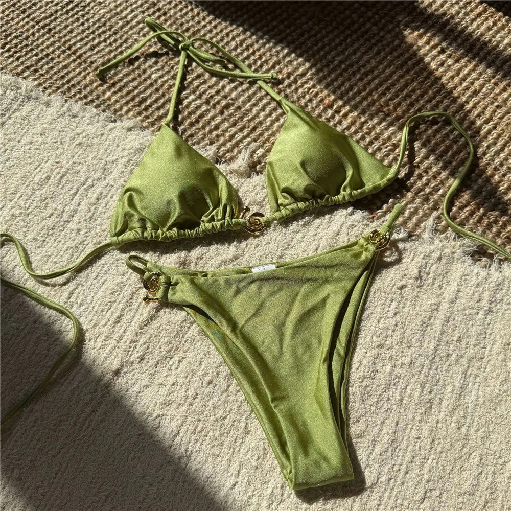 Solid Orange Swimwear Metal Ring String Halter Triangle Micro Bikini Thong Sexy Swimsuit Women 2026 Bathing Suit Bikinis Sets