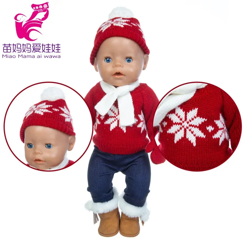 18 Inch Baby Doll Winter Clothes Set Crochet Sweater Scarf Hat Gloves New Year Apparel for 43 Cm Girl Dolls