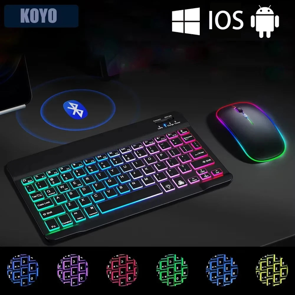 Mini Backlit RGB 10inch Bluetooth Keyboard Wireless Mouse Rechargeable for Spanish Russian Hebrew Korean French Arabic Portugal