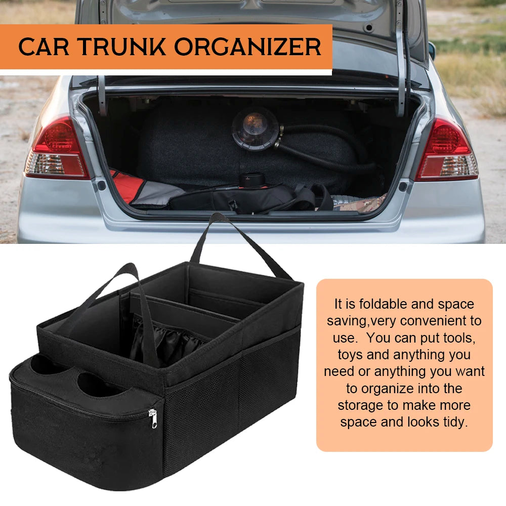 Car Trunk Organizer Bag Waterproof for Car SUV MPV Backseat Car Organizer Travel Organization Storage Box with 2 Bags Cup Holder