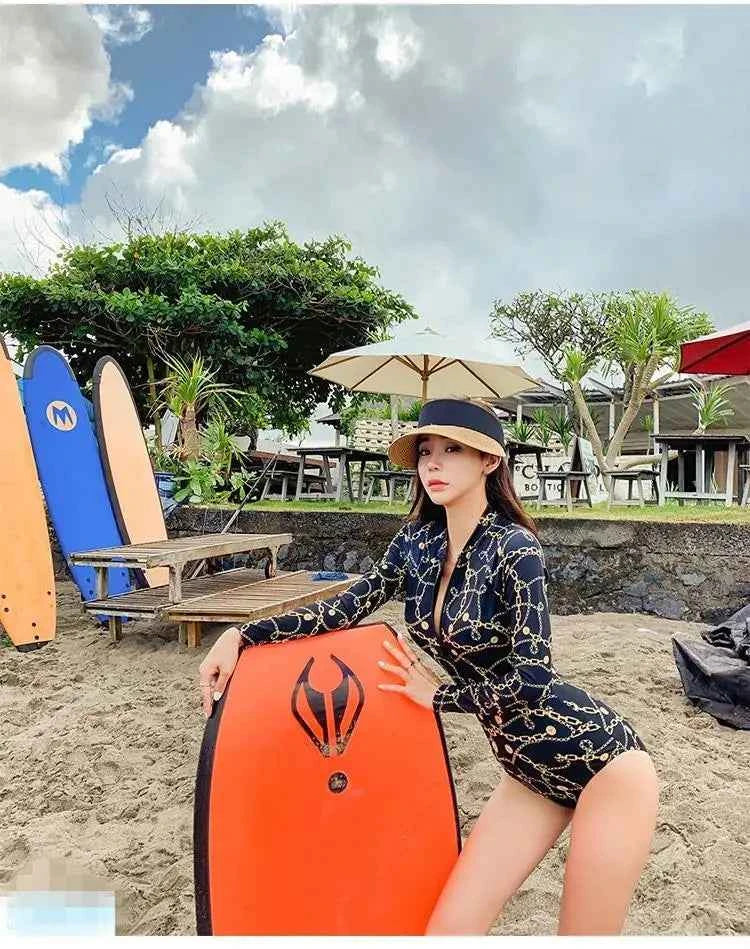Style Diving Sun Protection Long-sleeved One-piece Ins Slimming Belly-covering Conservative Swimsuit for Women Jellyfish Suit