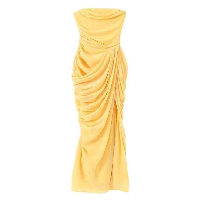 Women Sexy Solid Pleated Strapless Dress Lady Chic Off-shoulder Backless High Waist Split Dresses  Evening Party Gown 2026 New