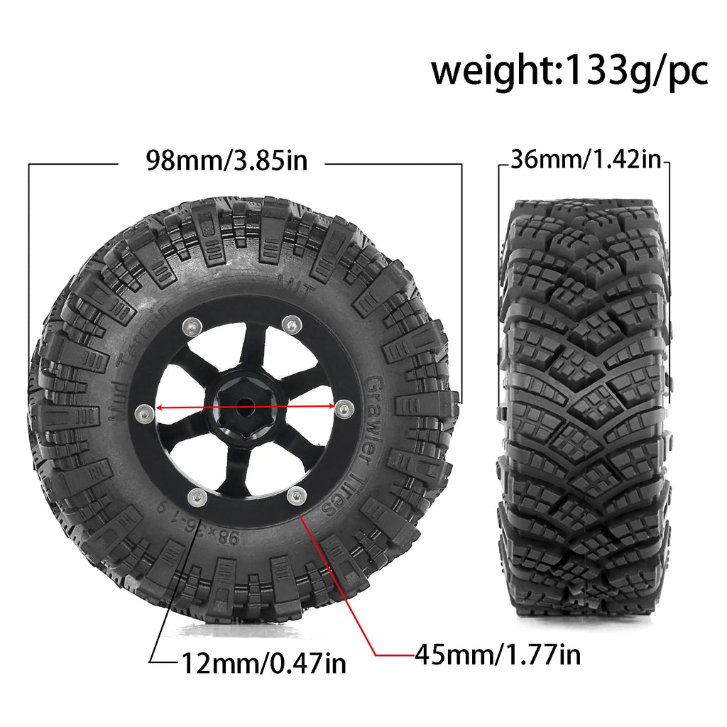 RED SPIDER Metal Alloy 1.9 inch Beadlock Wheel Rims 98mm OD Rubber Tires for Axial Wraith TRX-4 1/10 RC Crawler Model Car Parts