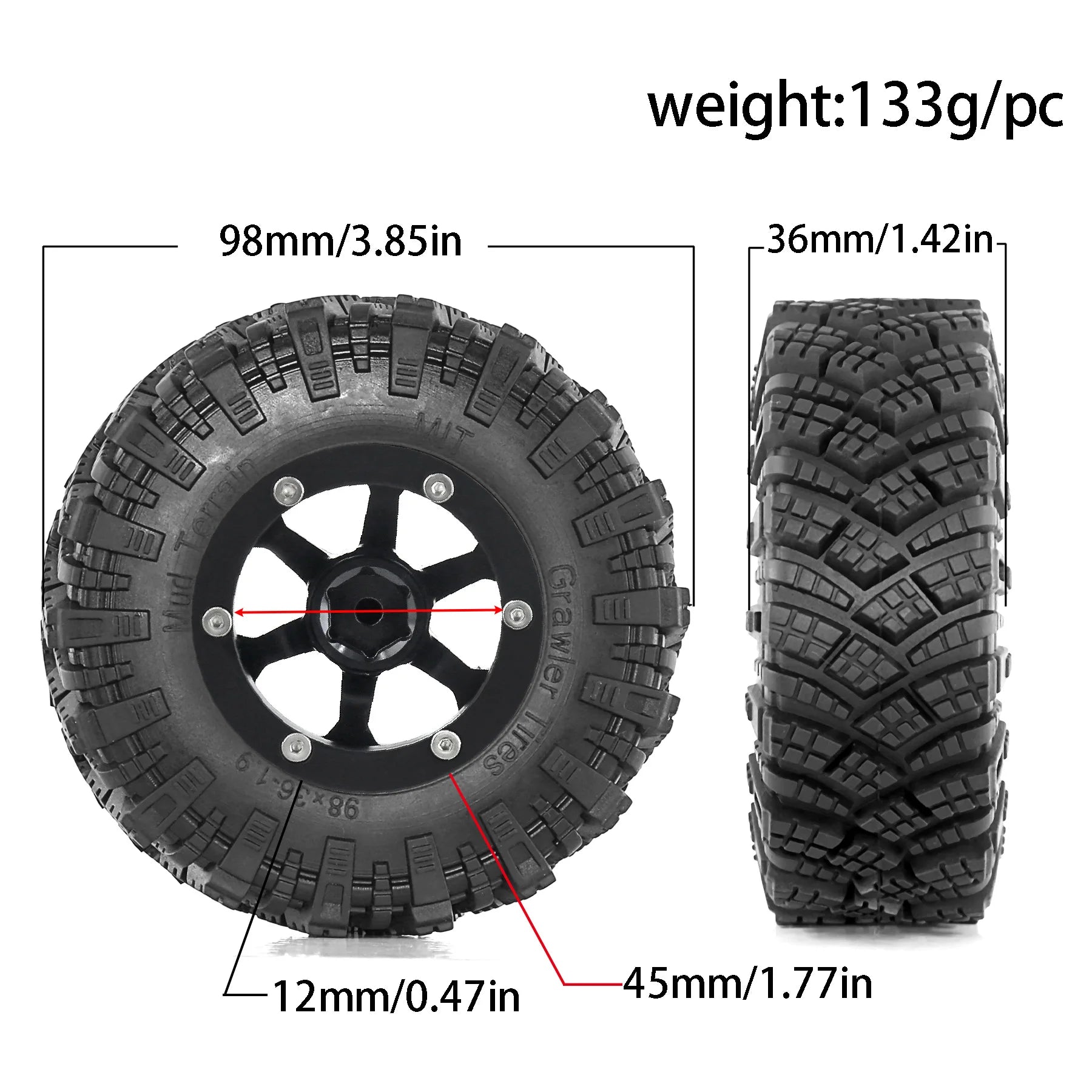 RED SPIDER Metal Alloy 1.9 inch Beadlock Wheel Rims 98mm OD Rubber Tires for Axial Wraith TRX-4 1/10 RC Crawler Model Car Parts