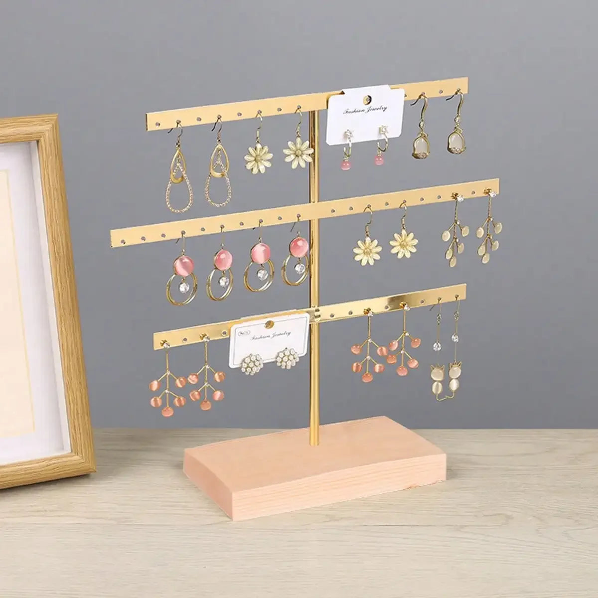Wooden Base 52-Hole Jewelry Organizer Stand with Metal Earring Holder Rack, Ideal for Home Decor and Wedding Accessories