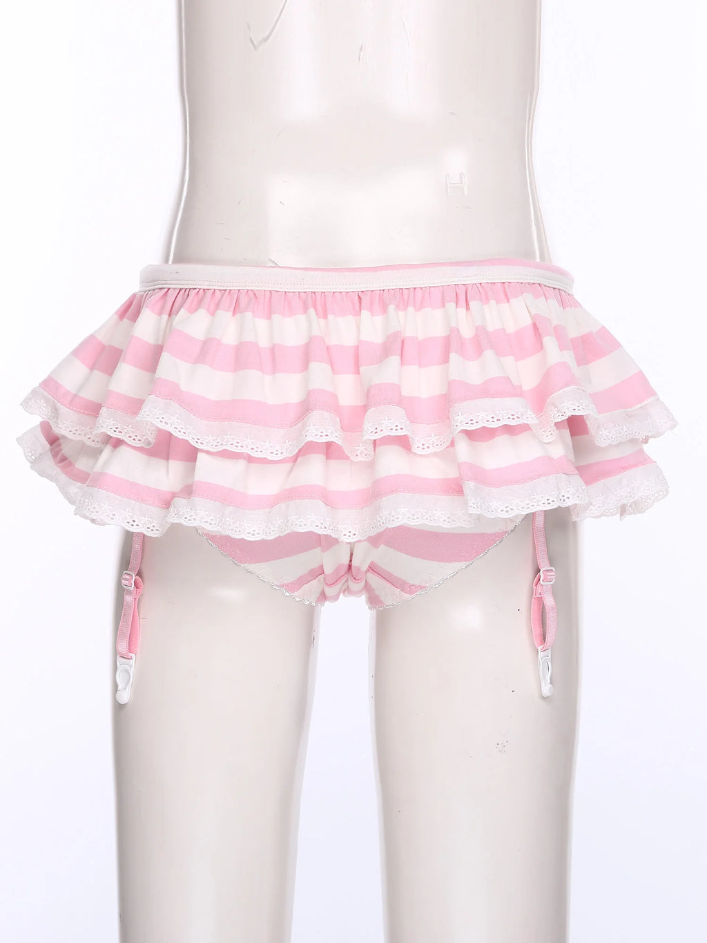 Women Anime-style Built-in Briefs Miniskirt with Garters Belt Culottes Cute Tiered Striped Hem with Lace Trim Bow Shorts Skirt