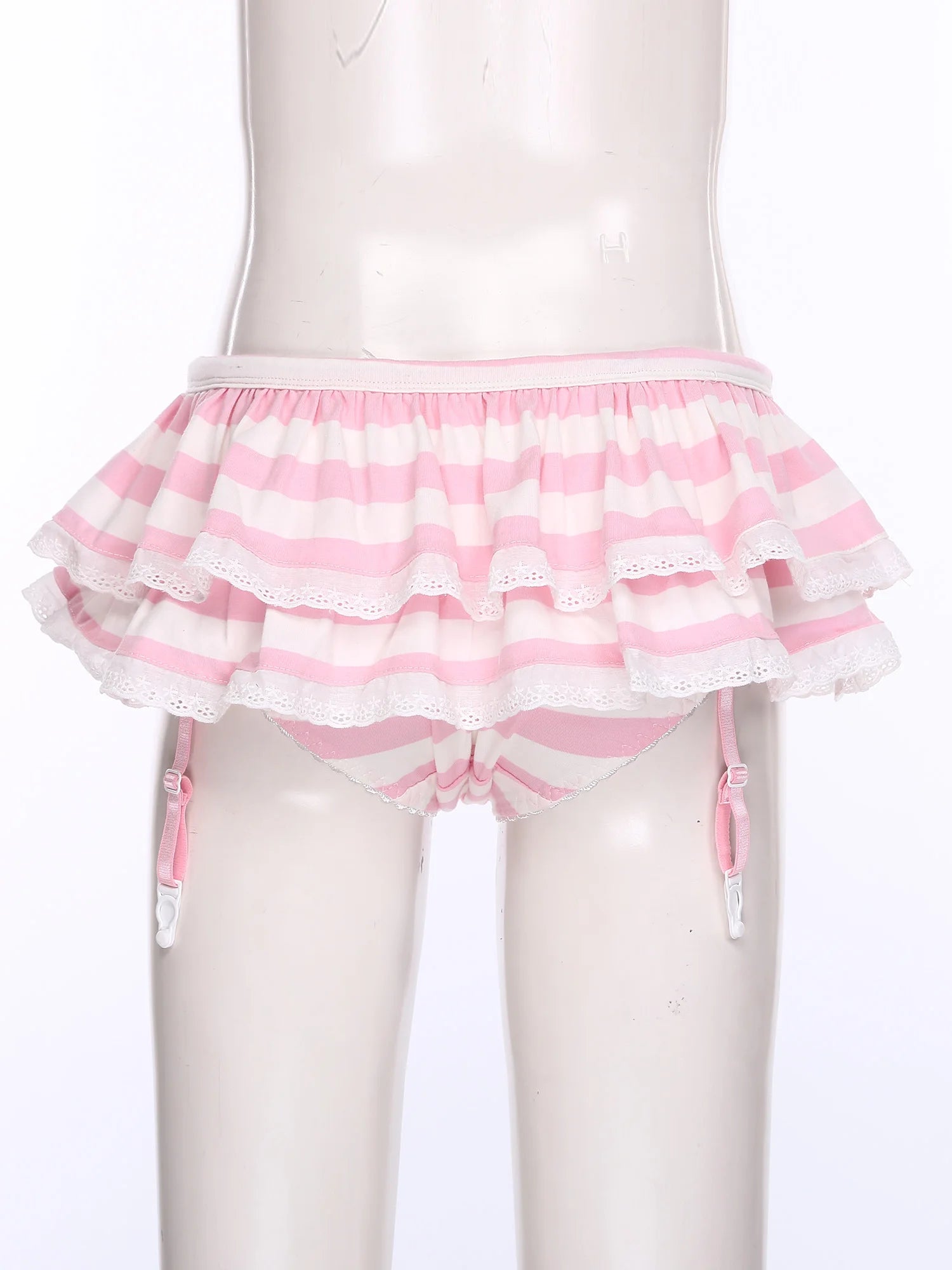 Women Anime-style Built-in Briefs Miniskirt with Garters Belt Culottes Cute Tiered Striped Hem with Lace Trim Bow Shorts Skirt