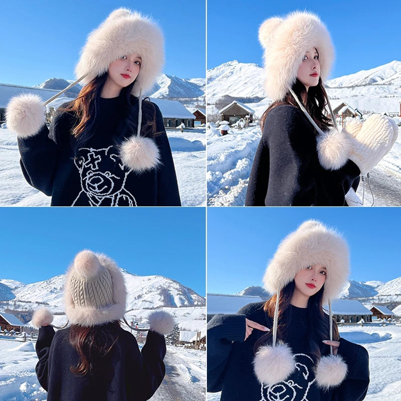 Winter Women Real Fox Fur Hat Fashion Casual Outdoor Warm Knitted Hats Girl Lovely 100% Natural Fox Fur Ear cap bomber caps