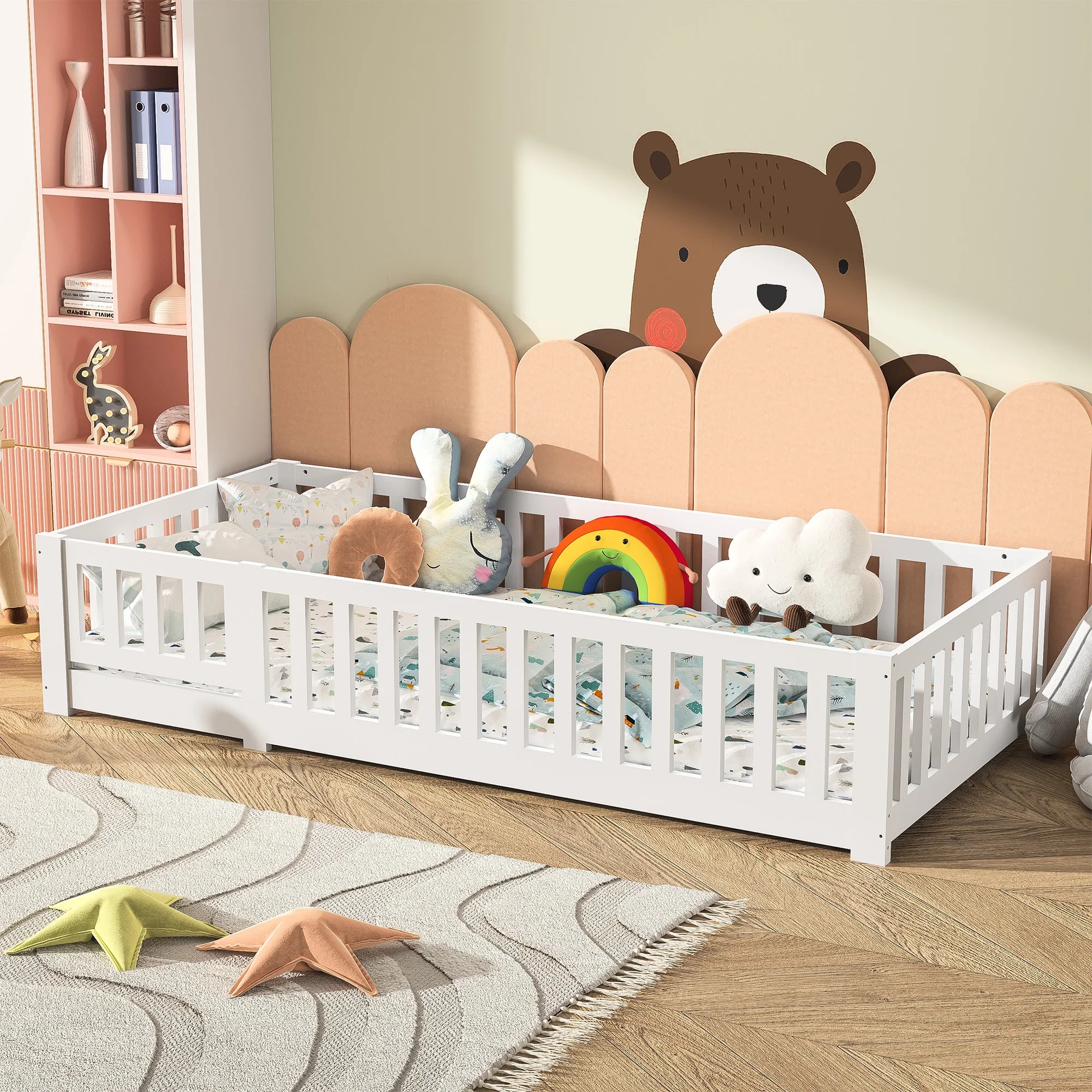 RosahqndaKids Children's Bed Solid Montessori Wooden Floor Bed with Fall Protection - Safe Toddler Bed - Scandinavian Design