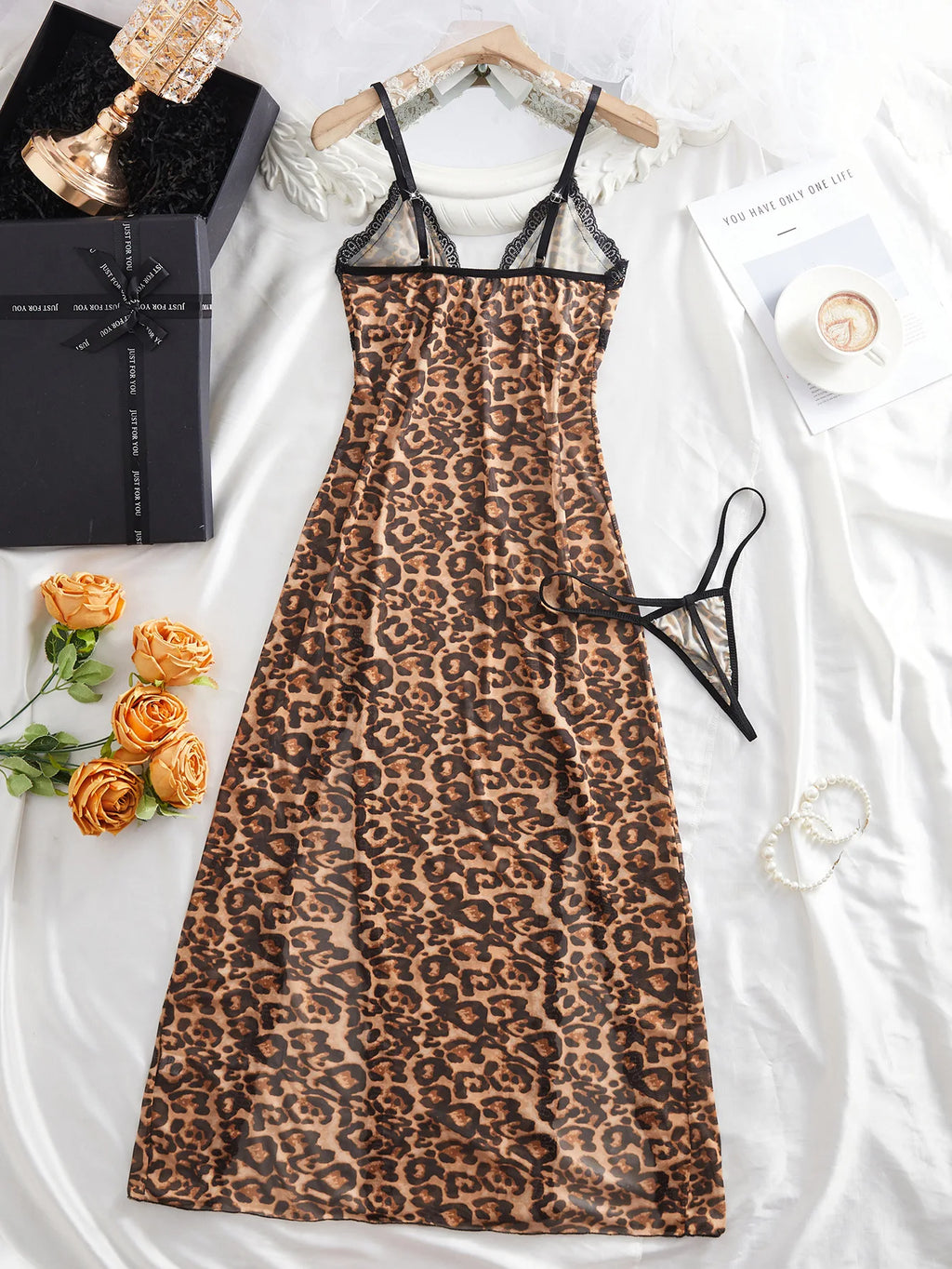Womens Sexy Leopard Print Lingerie Sheer Mesh Nightgown Erotic Sleepwear Double High Slit V Neck Spaghetti Strap Lace Trim Dress