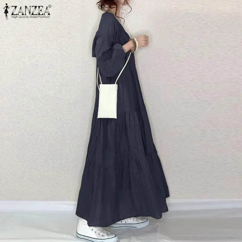 ZANZEA Vintage Ruffle Dress Women's Spring Sundress Casual Puff Sleeve Maxi Vestidos Female V Neck Robe Elegant Long Dresses