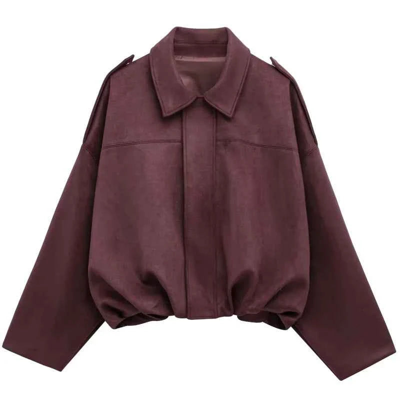 HXAO Suede Cropped Jacket Women's Bomber Jacket Oversized Batwing Sleeves Outerwears Lady Casual Loose Coat Street Style Jackets