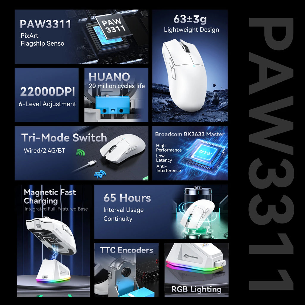 Attack Shark X11 & X11se Wireless Gaming Mouse,Bluetooth Tri-Mode Connection, PixArt PAW3311,Touch Magnetic Charging Base