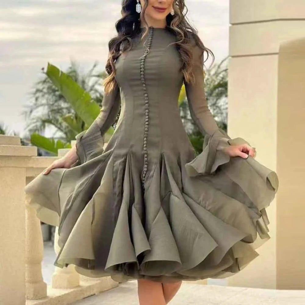 TWOTWINSTYLE Solid Spliced Button Slimming Dresses For Women O Neck Long Sleeve High Waist Patchwork Ruffles Female Fashion New