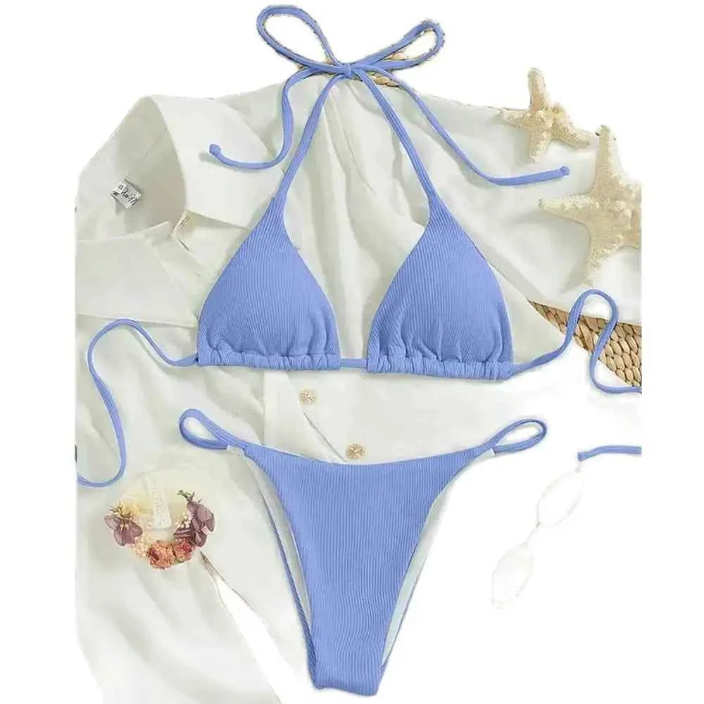 2025 Special Pit Stripe Fabric Bikini Set Women Sexy Simple Solid Halter Bikini Swimsuit High Waisted Lace Up Beach Bathing Suit