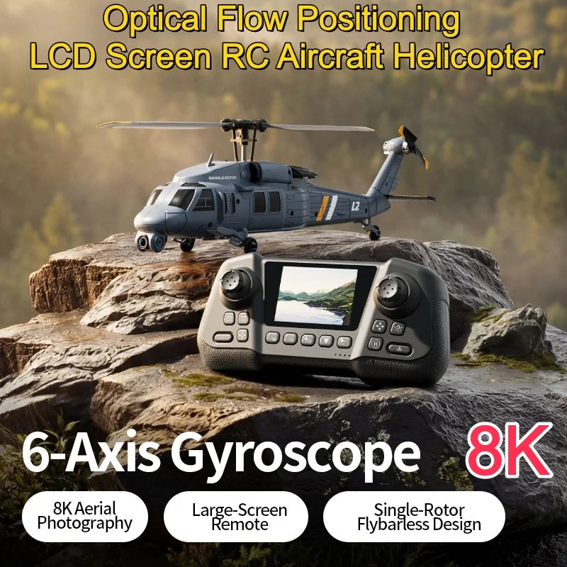 Military Remote Control Screen Helicopter 6 Axis Gyro Single Rotor 8K Aerial Optical Flow With Screen WIFI FPV RC Helicopter Toy