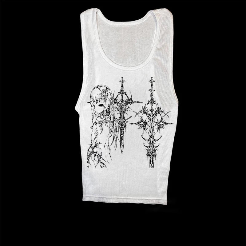 Y2k Style Aesthetic Sweet Sexy Tank Tops Women Sleeveless Casual Cartoon Print Tanks Harajuku All Match Cropped Grunge Emo Girls