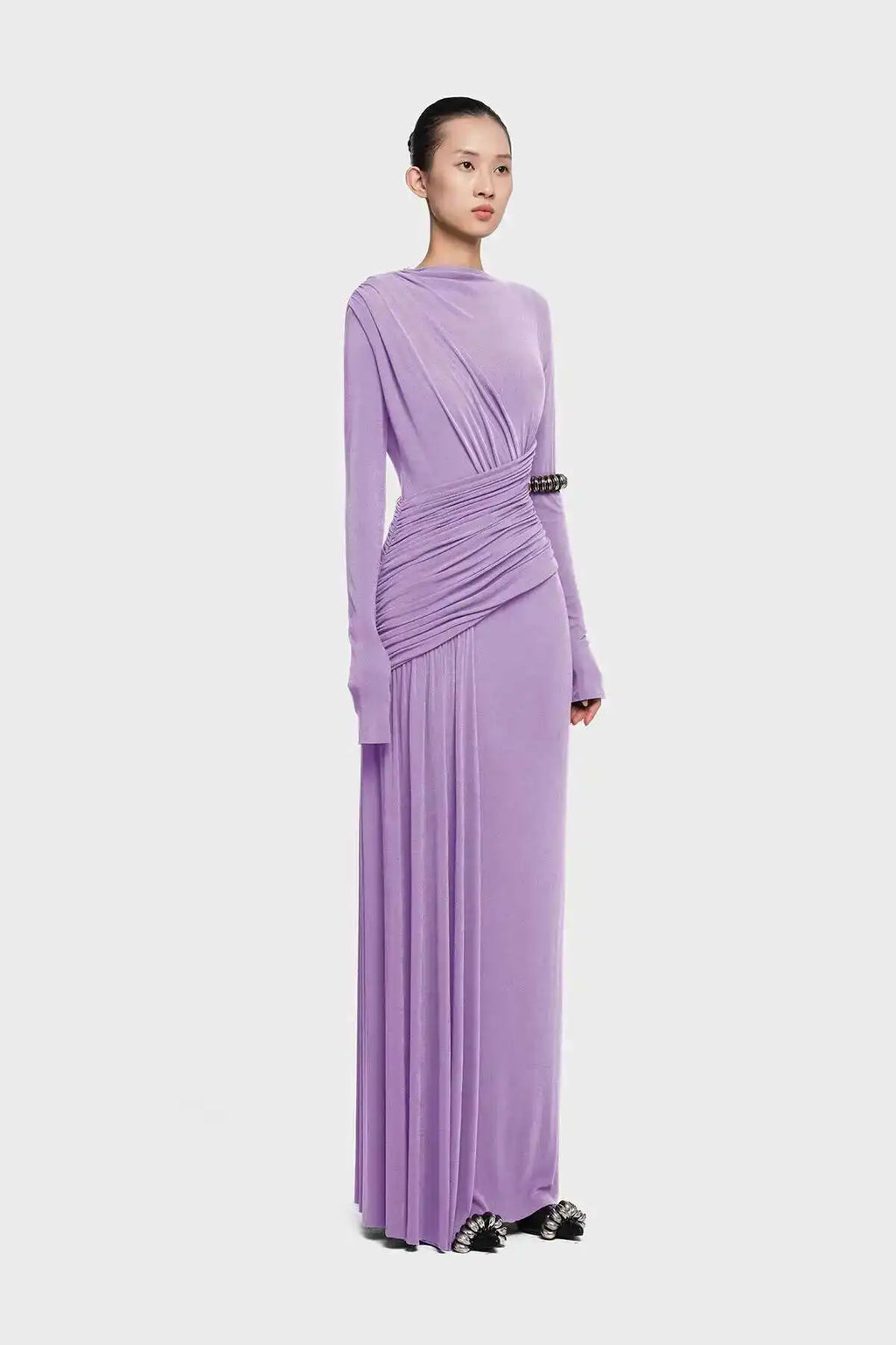 QMQA Fashion Women's Asymmetric Pleated Elegant Dress Solid Color Long Sleeve High Waist Slimming Party Dresses 2025 New QM519