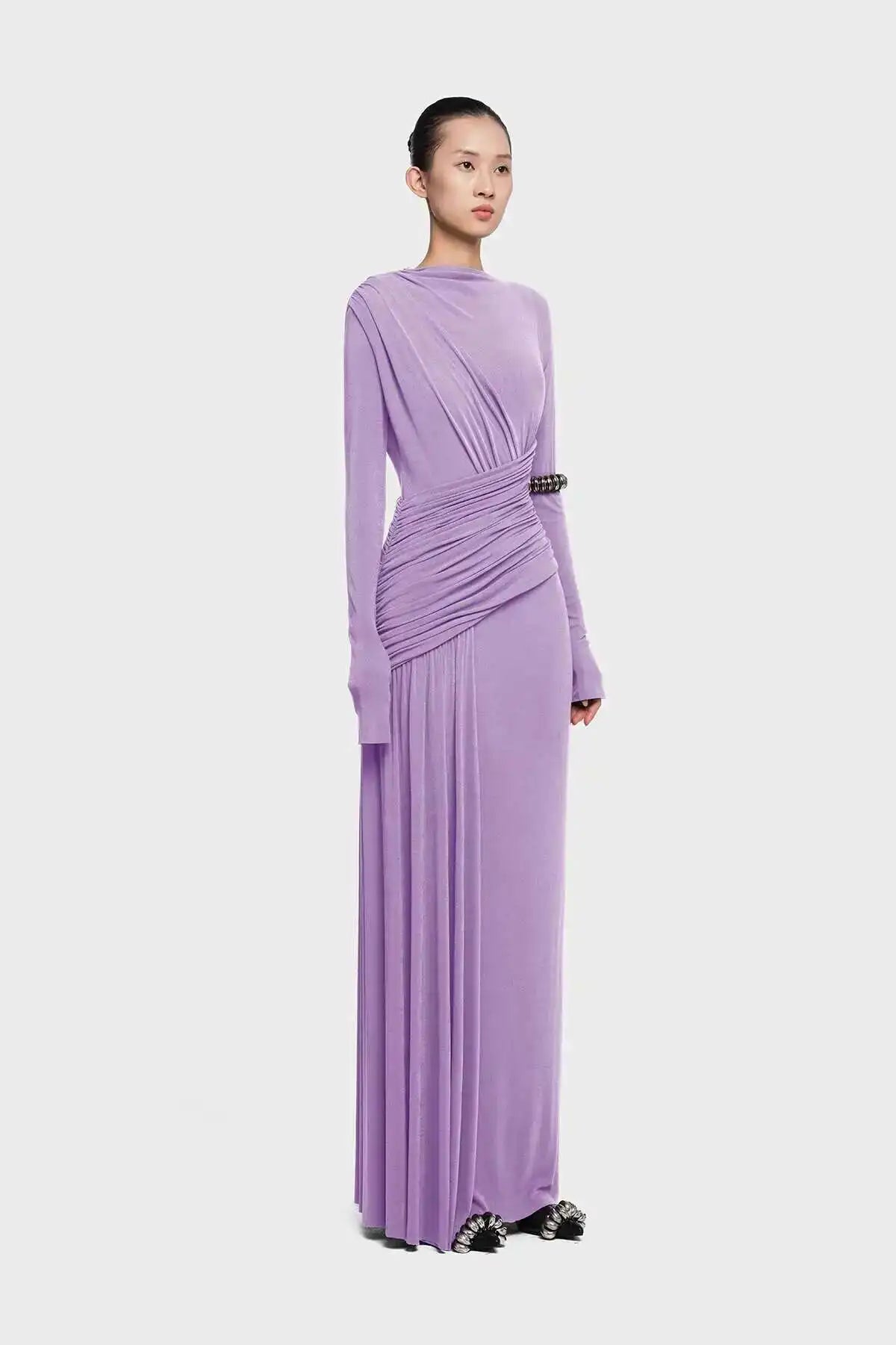 QMQA Fashion Women's Asymmetric Pleated Elegant Dress Solid Color Long Sleeve High Waist Slimming Party Dresses 2025 New QM519
