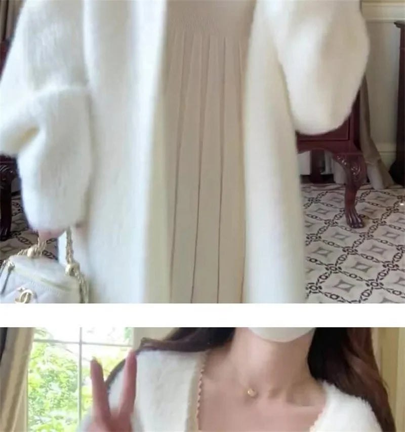 White Gentle Mink Fur Sweater Knitted Cardigan Women's 2024 Autumn Winter New Loose Versatile mid to long Lazy Milk fufu Jacket