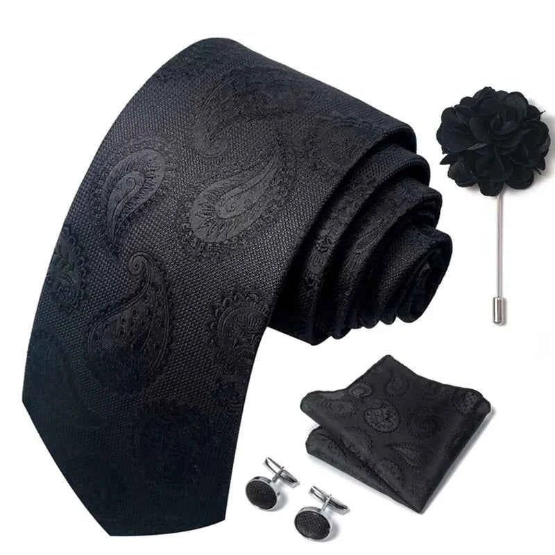 Luxury Mens Ties Floral Black Gold Ties Paisley NeckTie Pocket Square Cufflinks Brooch Set Men's Wedding Party Tie