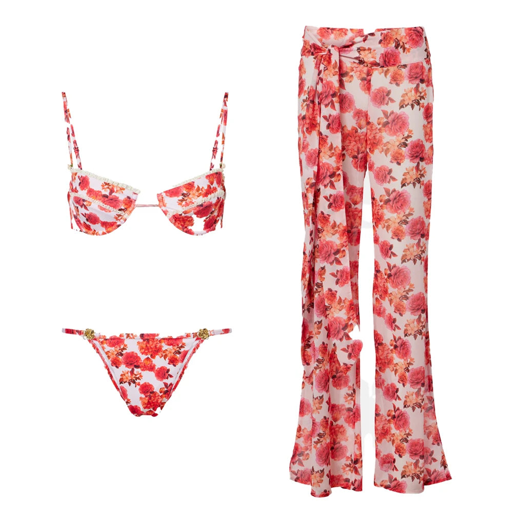 Print Bikini Swimsuit and Cover Up Bikini Set Women Sexy Lace Swimwear High Leg  Bathing Suit Beachwear Biquini