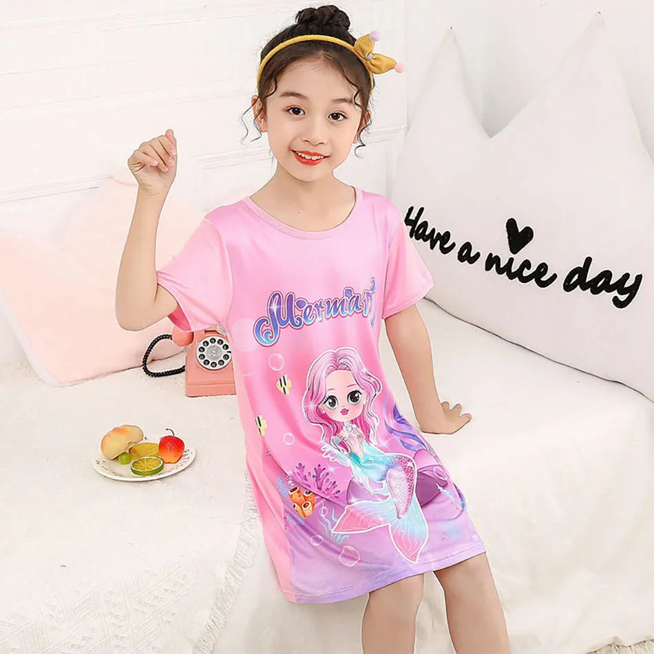 Girl Mermaid Dress Children Short Sleeve Summer Princess Dress Breathable Cartoon Print Girls Soft Silk Nightgown Kids Sleepwear