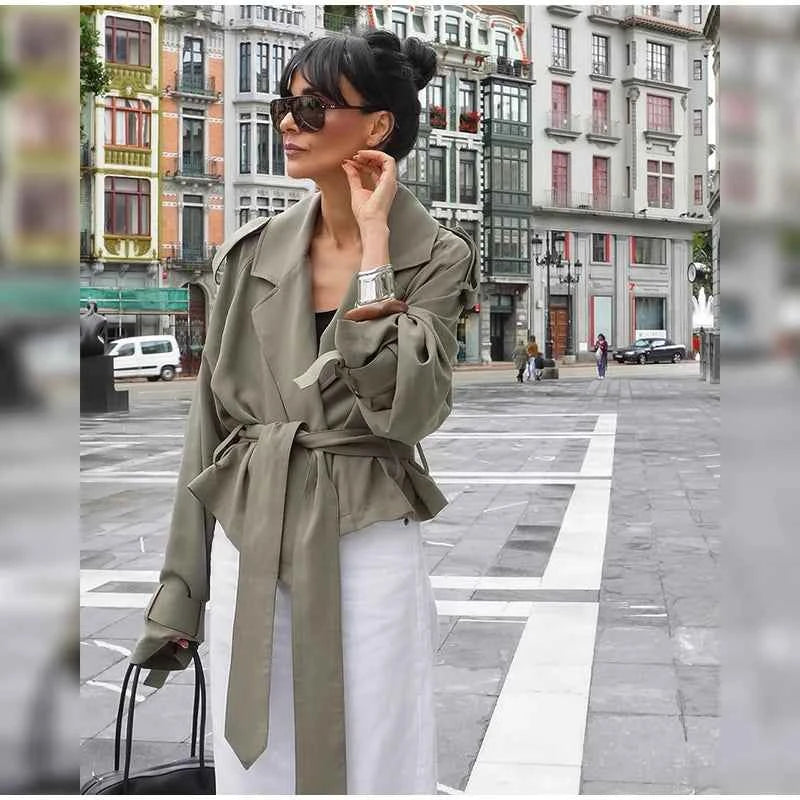 Cropped Lace-up Blue Casual Trench Coat Women Lapel Long Sleeve Wide Shoulder Windbreaker Jacket Fall Commute Daily Streetwear