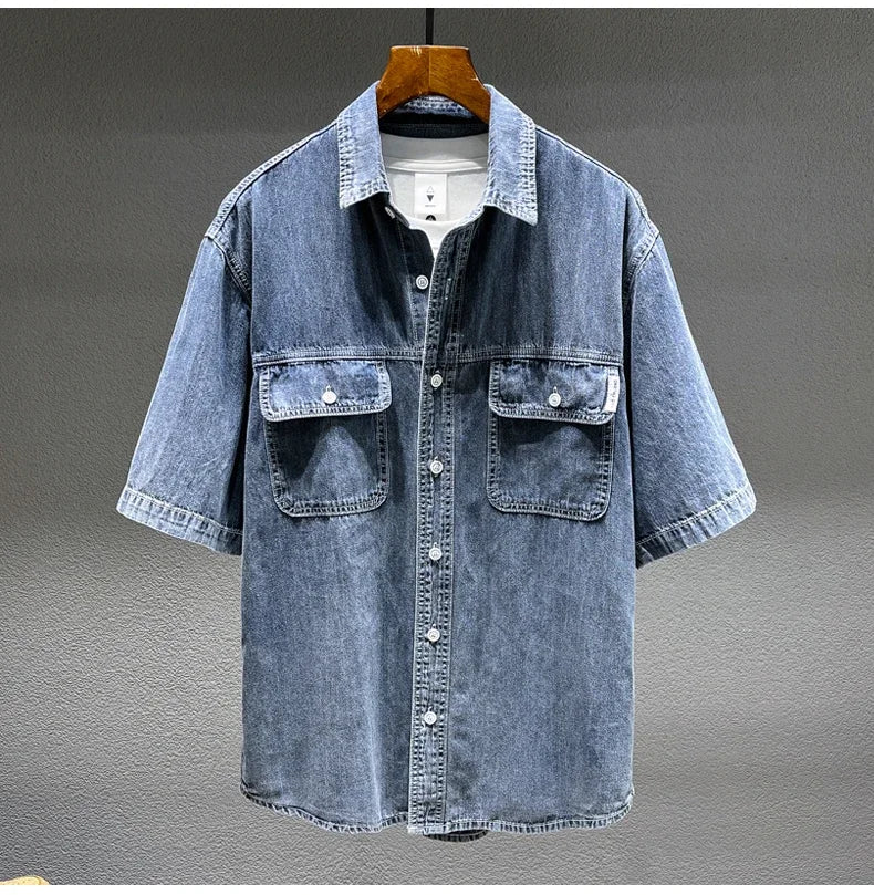 Summer New Men's Denim Short-sleeved Shirt Retro Large Size Tooling Loose Casual Denim Tops All-match 7XL 8XL