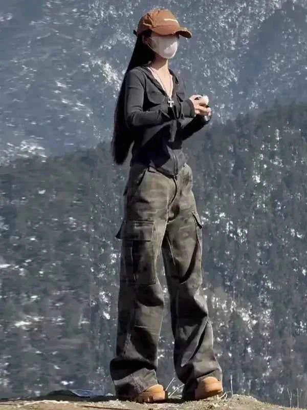 Y2k Clothes Jeans For Woman High Waist Flare Trousers Camouflage Cargo Wide Leg Straight Winter New Pants Slim Fit Fashion