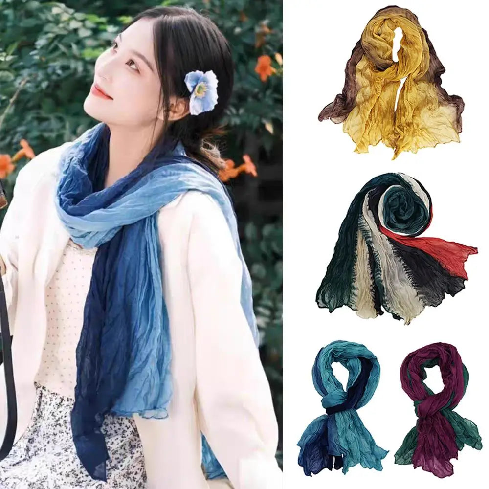 2025 Cotton Hemp Pleated Scarves Women's Gradient Color Linen Scarf  Fashionable Trend Fold Shawl Windproof Sand Proof Headscarf