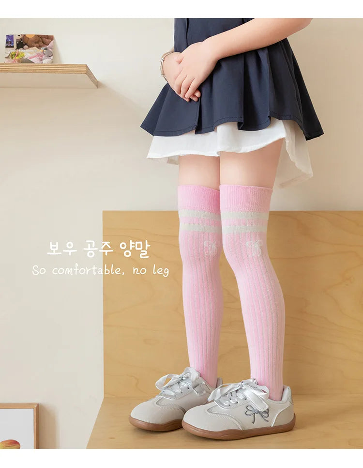 40CM Children's Long Socks Spring and Summer Girls' Bow Princess Skirt Paired with Knee High Sock Striped High Tube Cotton Socks