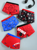 5-Piece Mixed Pack of Boys' Underwear with Spider Print, Cartoon Design, Soft and Comfortable, Casual Cool Street Style for Boys Aged 4-10