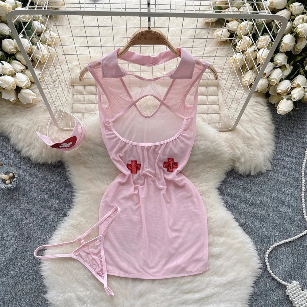 Summer Girls Sexy Hot Sweet Transparent Suspender Mini Dress Women Elastic Waist And Backless Strap Lolita Pajamas Bubble Skirt