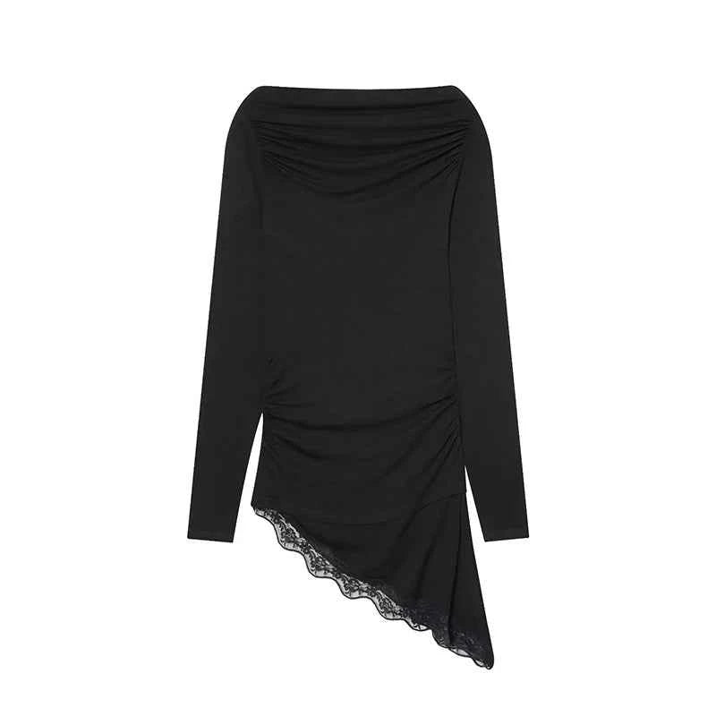 Women's T-Shirts Spring Autumn Fashion Lace Hem T Shirts for Women Asymmetry Streetwear Long Sleeve Slim Casual Tops