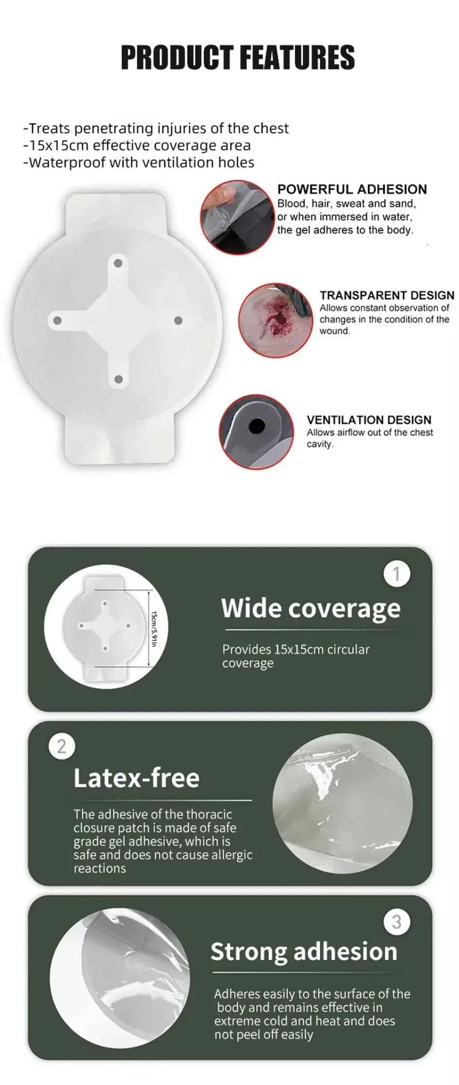 Chest Seal Wound Care for Emergency or Tactical Situations Advanced Adhesive Sterile Transparent Lightweight Vent Life-Saving