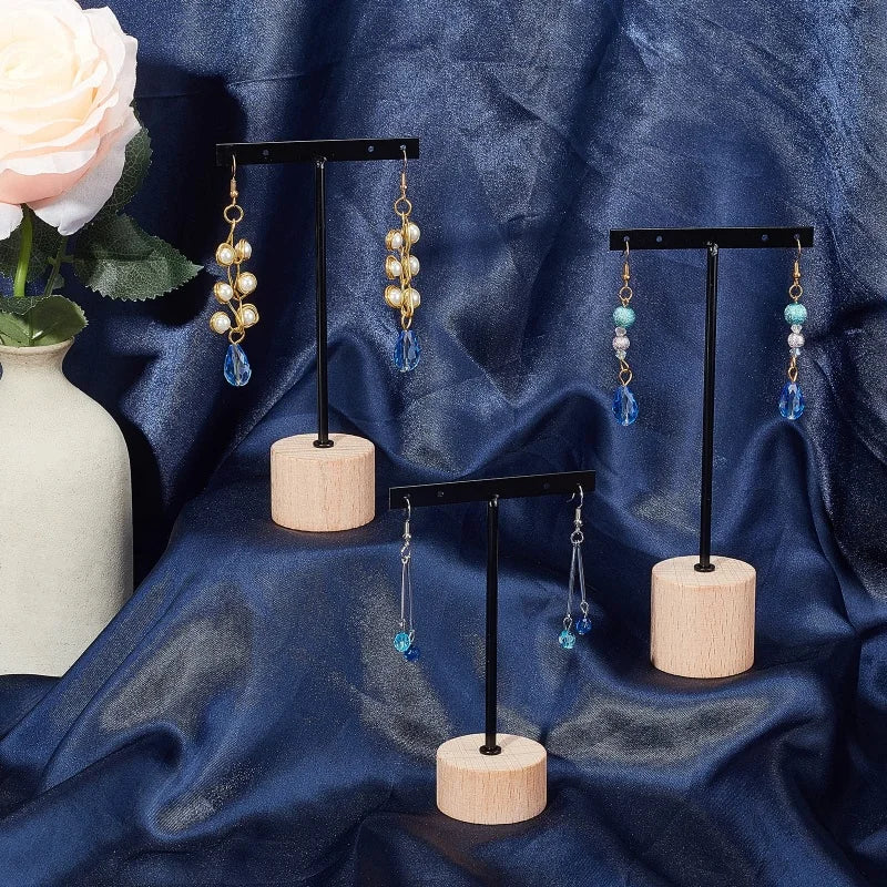 Metal T Bar Earring Display Stand Jewelry Stand with Wooden Round Base Earring Hanging Holders Jewelry Organizer