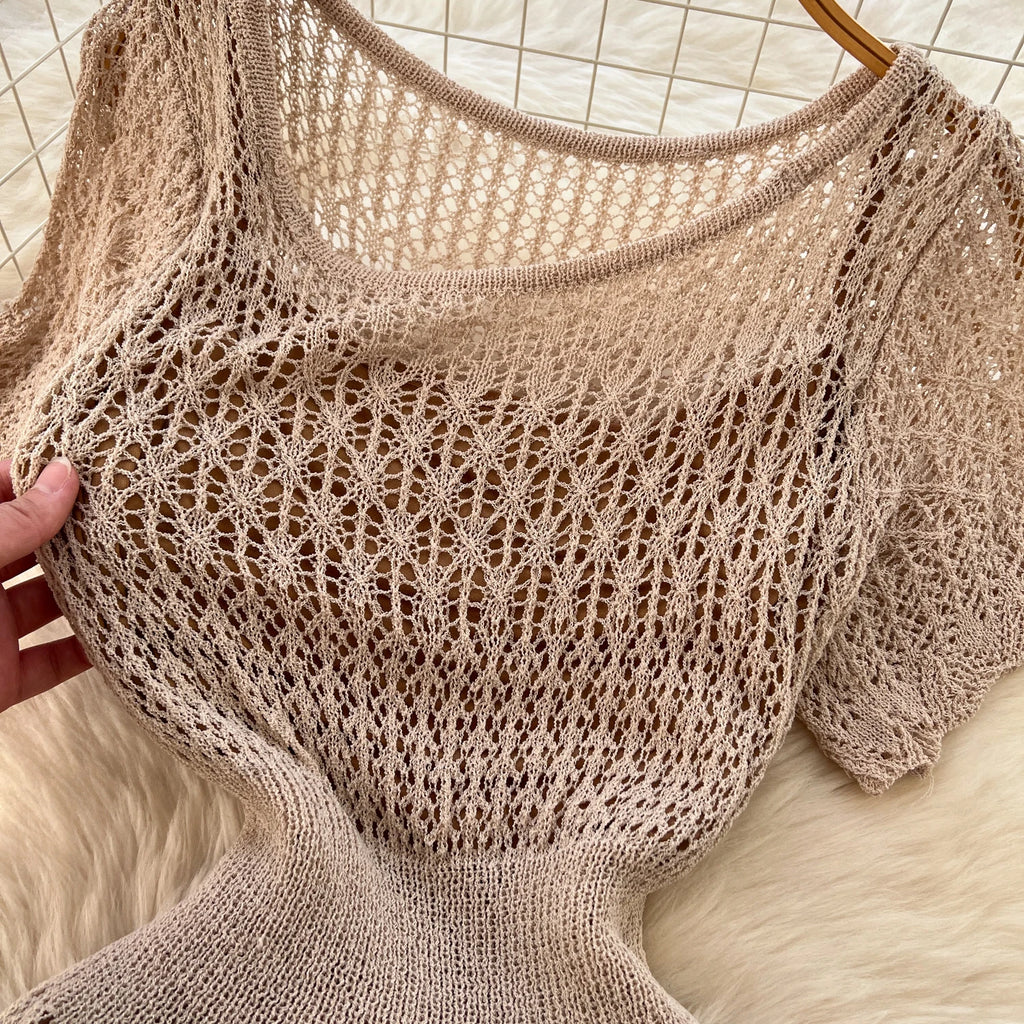 Women Hollow Knitted Dress Summer Flower Short Sleeved Fishtail Bodycon Dress with Camisole Dresses Vintage Party Long Robe