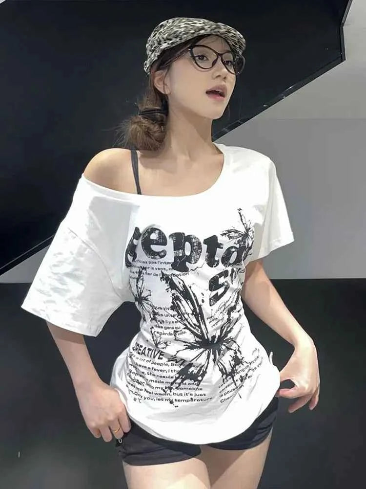 White Cotton Y2k Vintage Oversize Off shoulder Short sleeve T shirt With Print Women Casual Summer Top Butterfly Tees