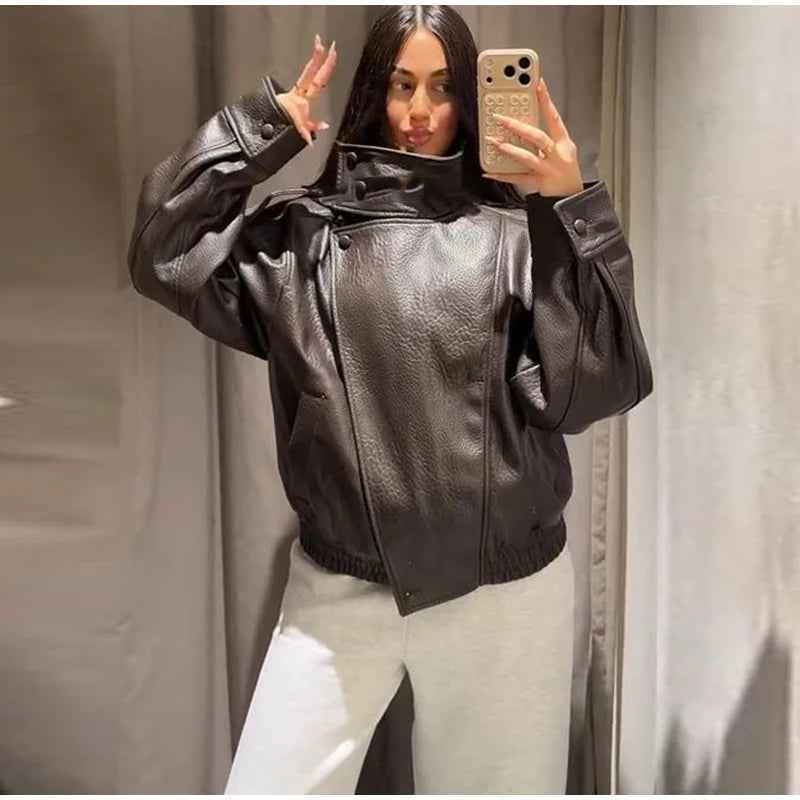 Vintage PU Leather Women's Jacket Stand Collar Zipper Button Coats Female Long Sleeve Outerwear Spring Lady Street Jackets