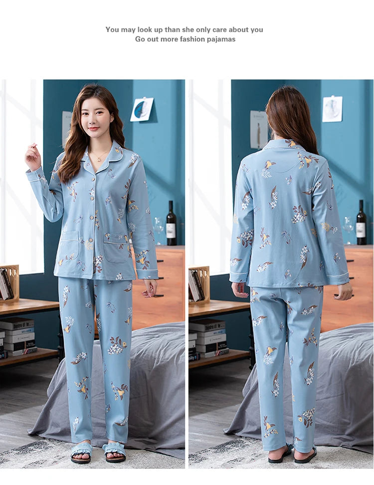 100% Pure Cotton Long Sleeve Sleepwear Set for Elderly Women Spring Summer Autumn Home Clothes Outwear Comfortable Home Suit