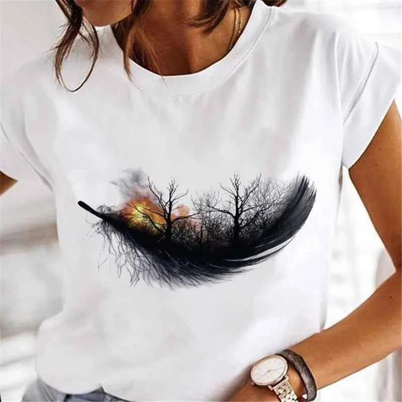 Women's Short-sleeved T-shirt Feather Fashion Print Instagram Base Shirt Women Clothes  Tops  Aesthetic Clothes Graphic T Shirts